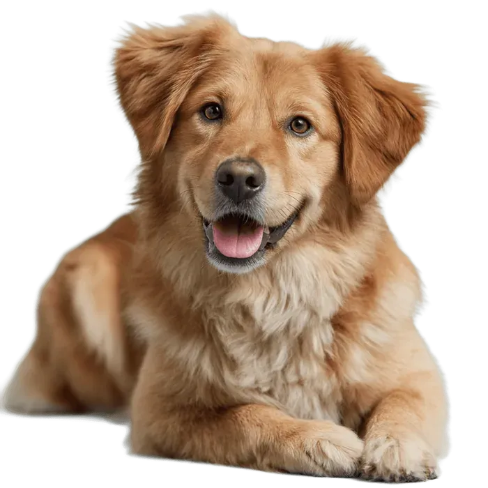Golden retriever lying down calmly with a happy expression