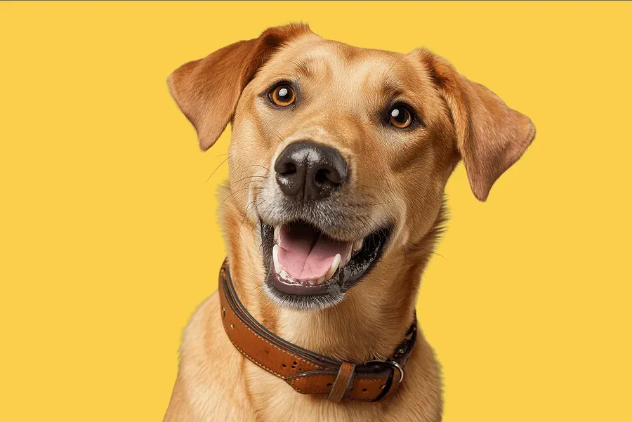 Grinning yellow Lab mix on a bright yellow background