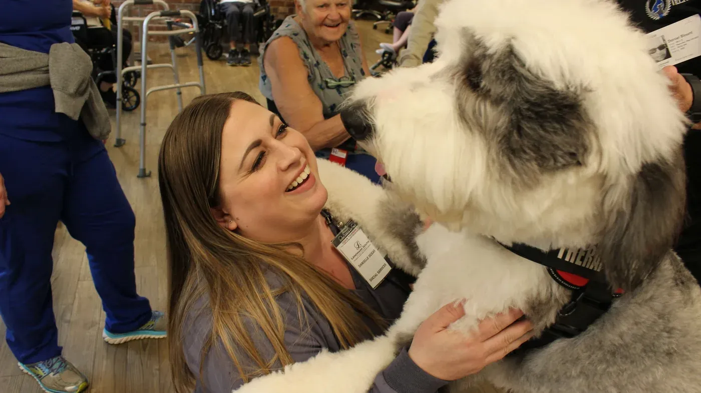 A fluffy Old English Sheepdog in a therapy dog harness greeting a smiling woman during a facility visit